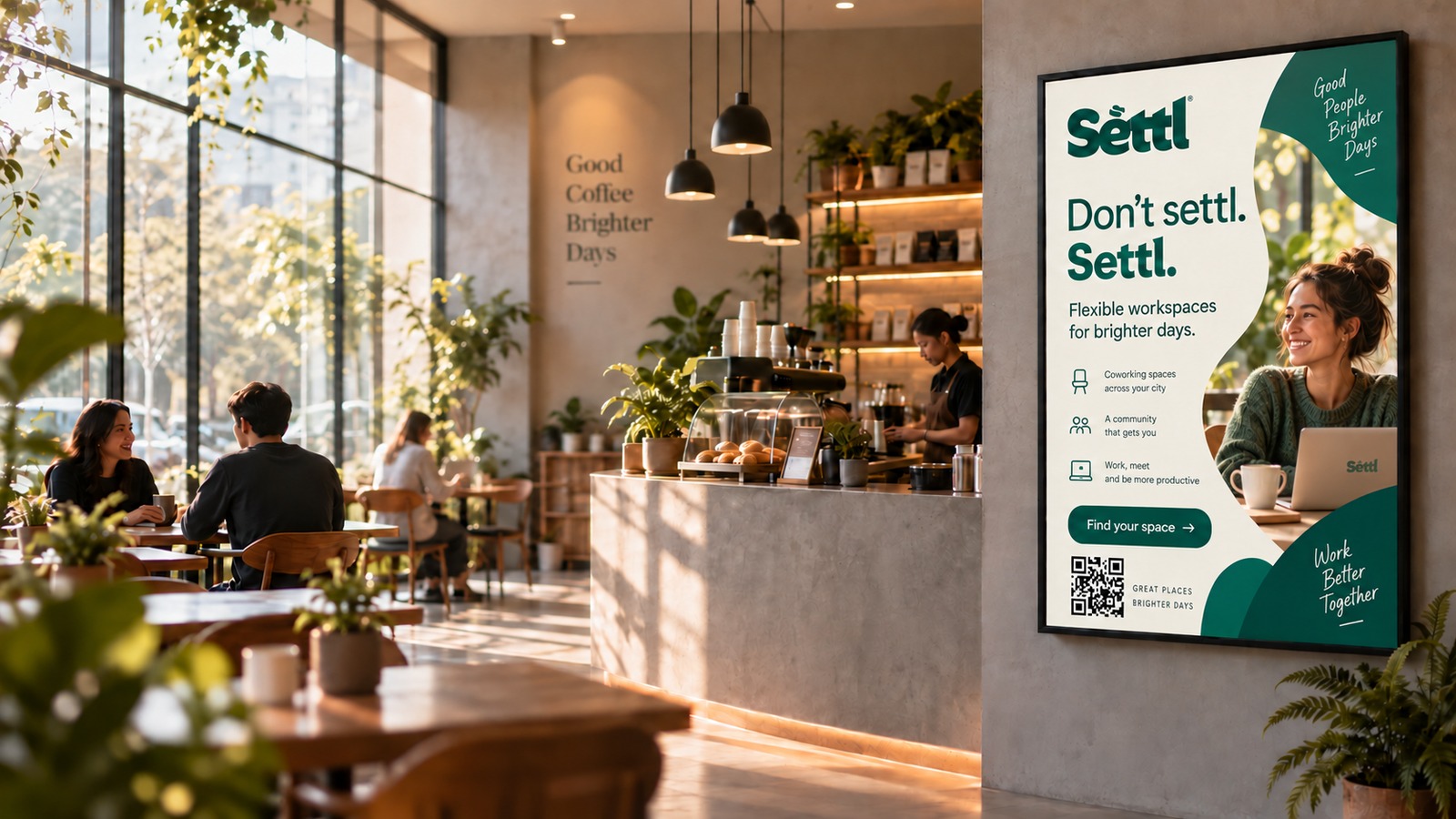 A bright café with a digital menu screen